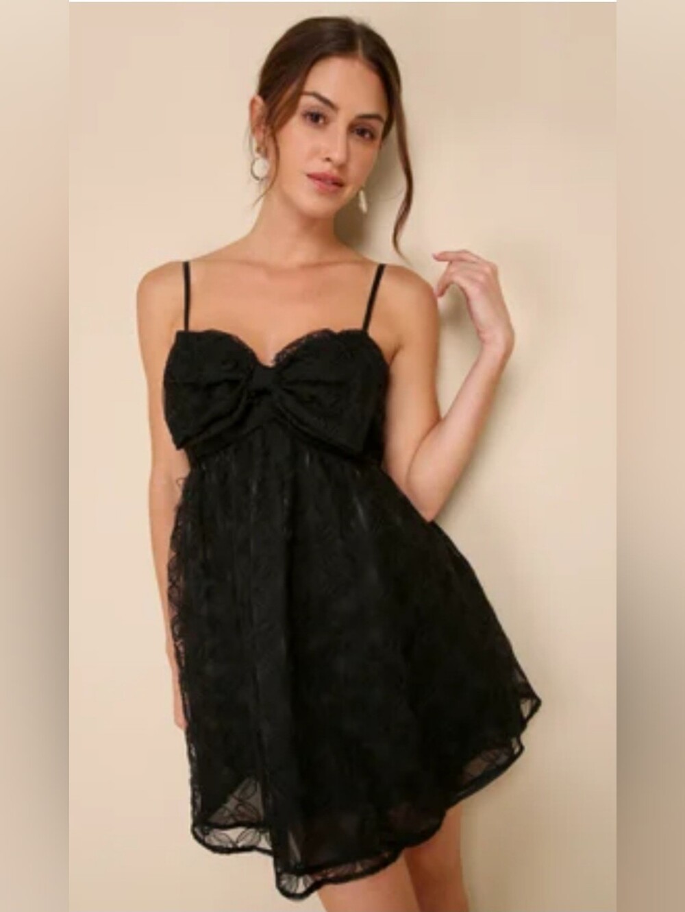 Storia Women's Black Textured Mesh Babydoll Mini Dress with Bow Bust size medium